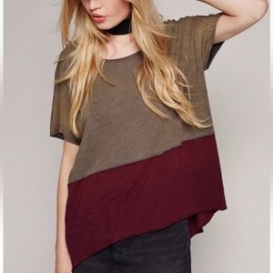 We The Free x Free People Colorblock Jersey Tee Shirt Size Small Burgundy